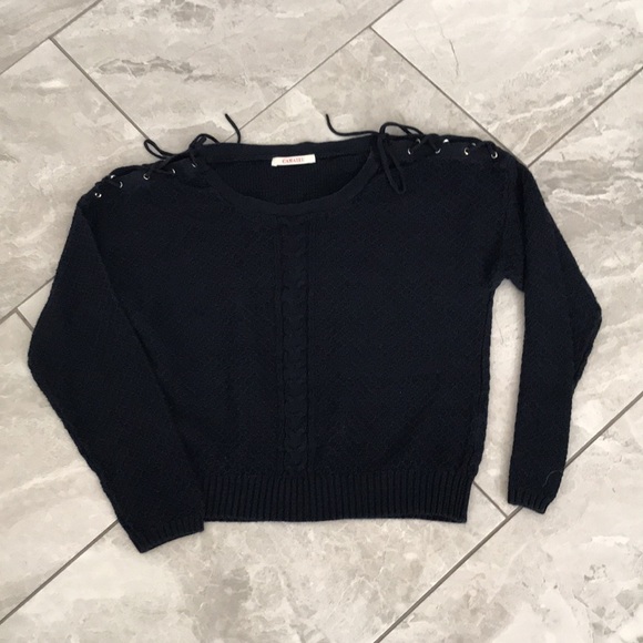 ❤️3X20 CAMAIEU Women Navy Blue Knit Criss Cross Shoulder Sweater - Picture 9 of 13